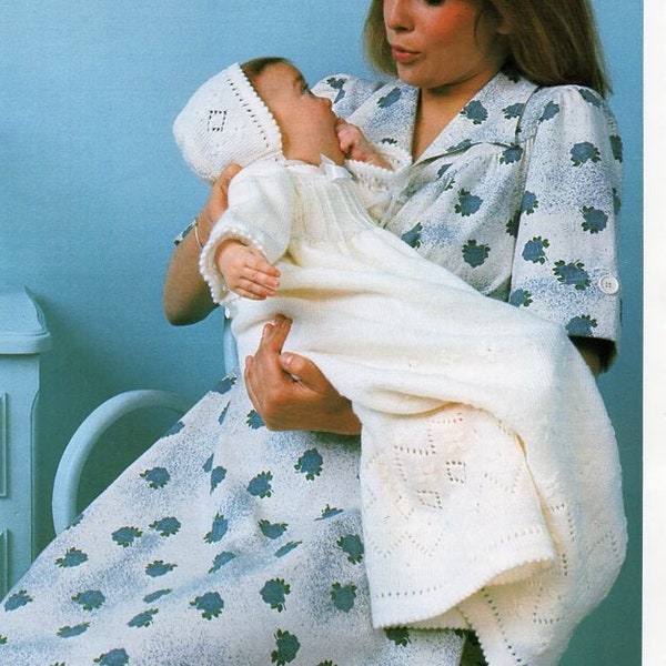 vintage baby christening gown knitting pattern pdf christening robe dress bonnet 18" 4ply fingering pdf instant download