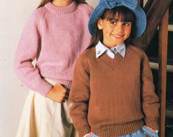 childrens classic sweater knitting pattern pdf DK or 4ply childs jumper v / round neck 22-30" DK 8ply 4ply fingering instant download