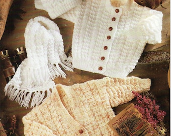 733 Hat and Mitts Aran Knitting Pattern for Baby Boys Girls Jacket 18-26/'/'