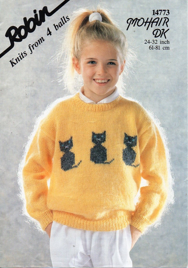 Childrens mohair cat motif sweater knitting pattern pdf DK