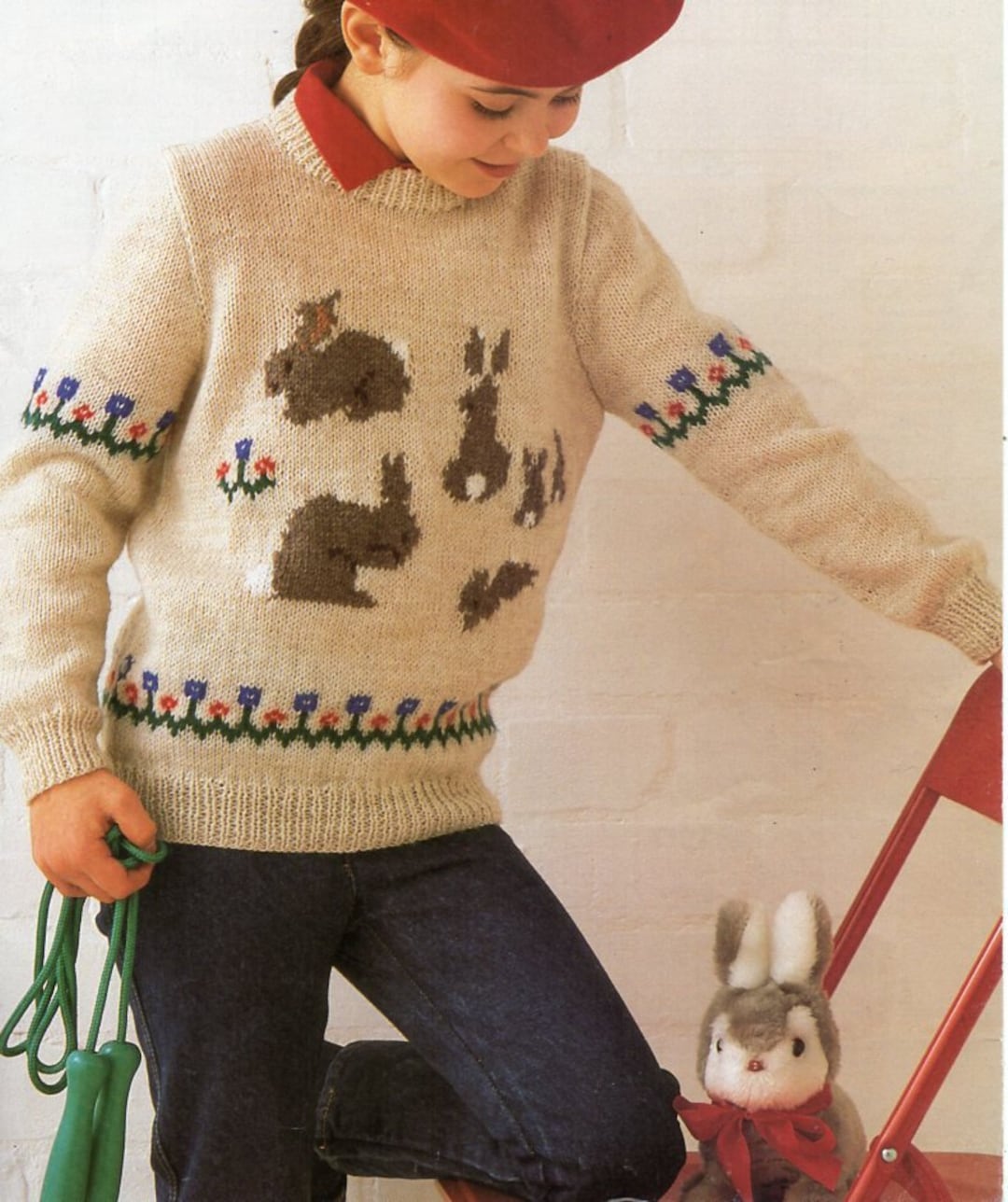 Childrens Bunny Sweater Knitting Pattern Pdf Girls Bunny Motif Jumper ...