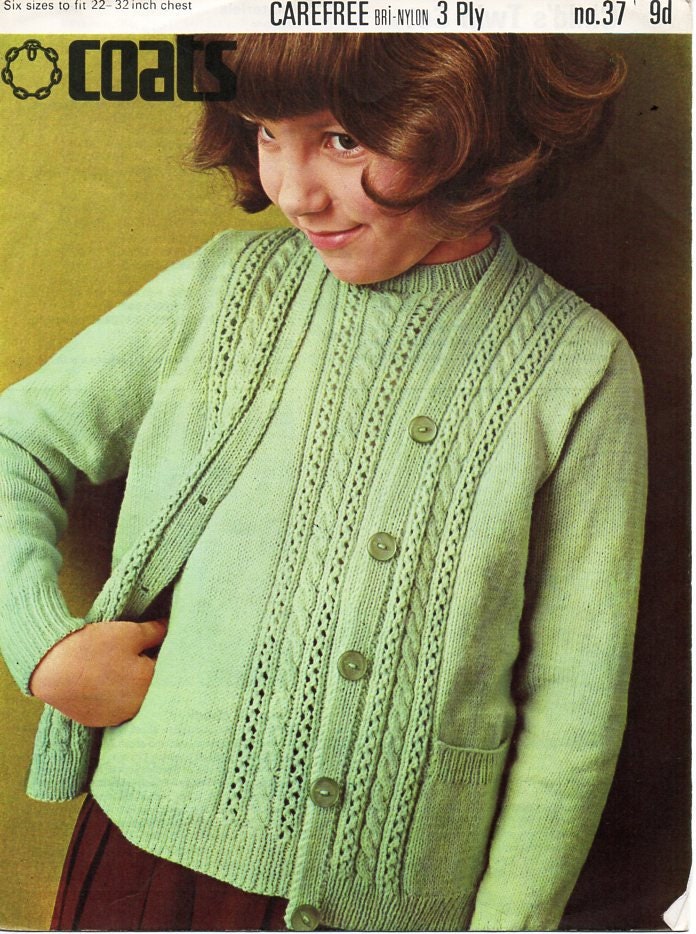 Vintage girls sweater cardigan knitting pattern pdf childres | Etsy