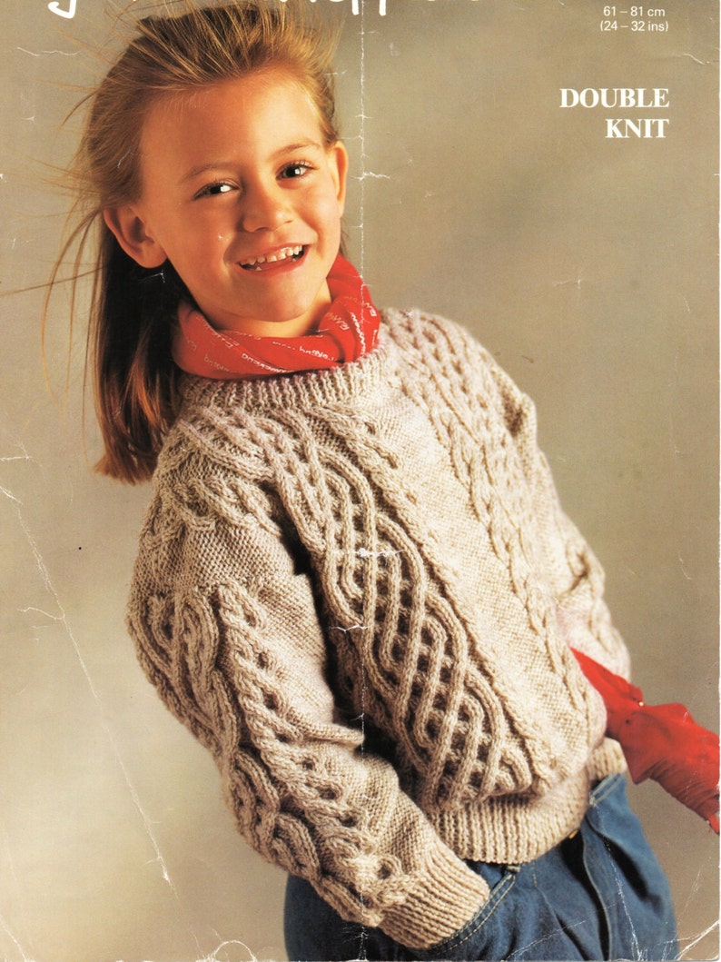 Childrens Aran Sweater Knitting Pattern Pdf Cable Jumper Crew Etsy UK