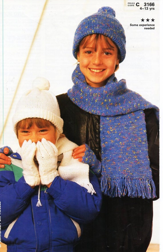 Childrens Hat Gloves Scarf Sets Knitting Pattern Pdf Dk Cap Scarves Fingerless Gloves 4 13yrs Dk Light Worsted 8ply Instant Download