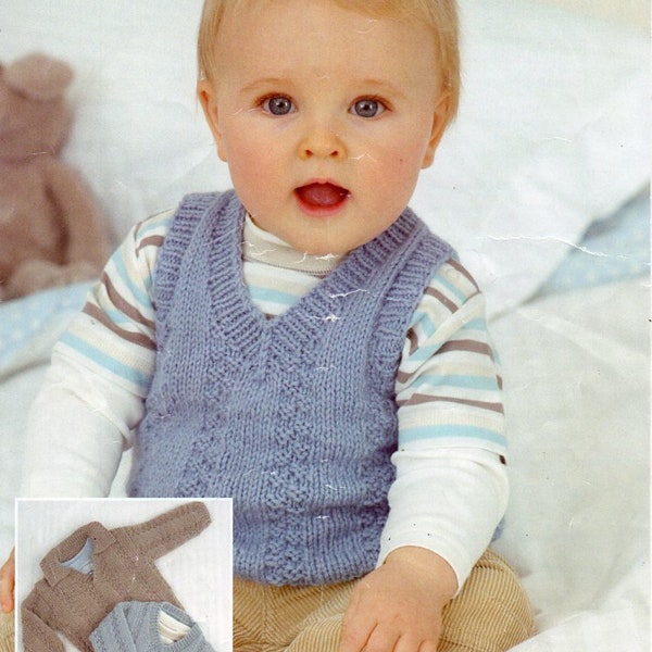 baby childrens tank top sweater knitting pattern pdf slipover v neck sweater collar 16-26" chest DK light worsted 8ply pdf instant download