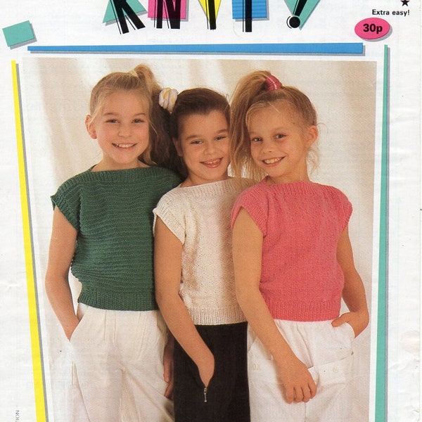 girls top knitting pattern pdf easy knit childrens short sleeve sweater 24-34 inch chest DK Light worsted 8ply yarn pdf instant download