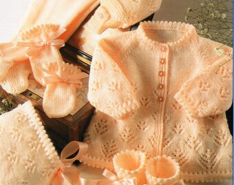 baby pram set matinee coat leggings bonnet hat mitts bootees lacy baby girls 16 18 20 22 inch 4 ply baby knitting patterns pdf download