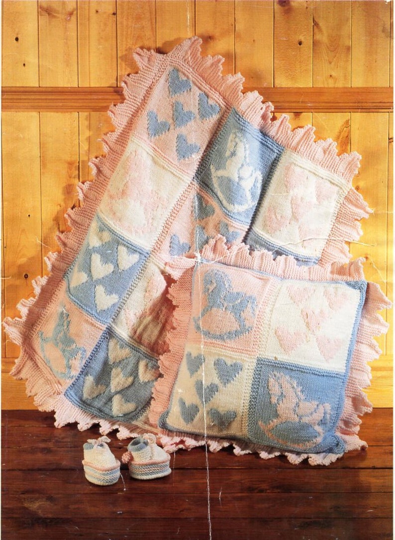 Baby Blanket Cushion Knitting Pattern Pdf Rocking Horse Heart Etsy