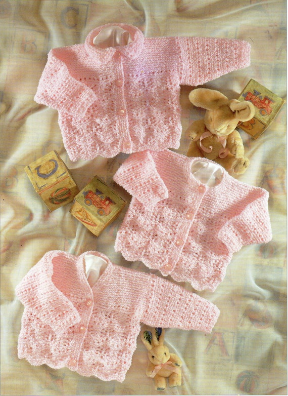 PDF Baby Girls Scalloped Edge Leaf Sweater Jumper Cardigan Knitting Pattern 4 ply 12-24 in Premature 4 years Downloadable vintage 4359