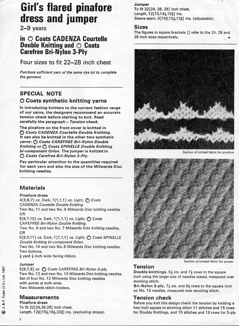 vintage girls pinafore sweater knitting pattern pdf childs dress jumper 22-28 3ply light fingering pdf instant download