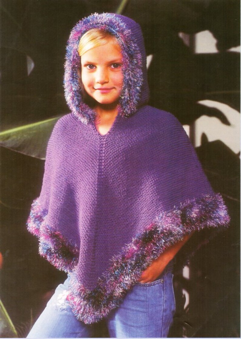 Girls hooded poncho knitting pattern pdf childrens fur edge Etsy