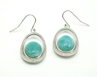 Stunning Larimar 10X14 10.8ct Oval Coil Top Hook Earrings..925 Sterling Silver