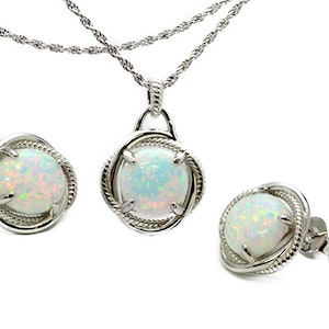 White Opal 10mm Infinity Earrings And Necklace Set  .925 Sterling Silver
