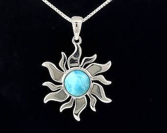 Larimar 8mm  High Polished Sun Burst Necklace .925 Sterling Silver (NEW STYLE)