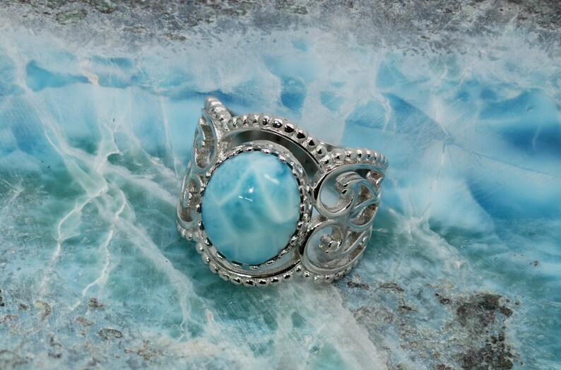 High Polished .925 Sterling Silver Larimar Stunning 12X10 Corona Ring
