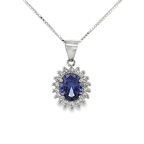 Tanzanite 8X10mm Oval Necklace With White Sapphire Accents  925 Sterling Silver