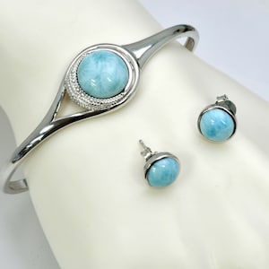 Larimar AAA Quality 12mm Cuff Bracelet & 8mm Stud Earrings .925 Sterling Silver