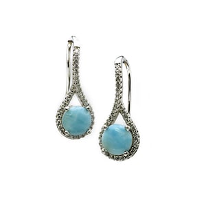 Larimar With White Sapphire Accents Hook Earrings. .925 Sterling Silver