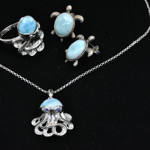 Larimar Octopus Turtle Ring Earrings Necklace SET 925 Sterling Silver