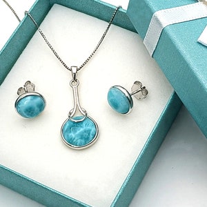 Larimar Premium Quality Necklace and Earrings Set. .925 Sterling Silver