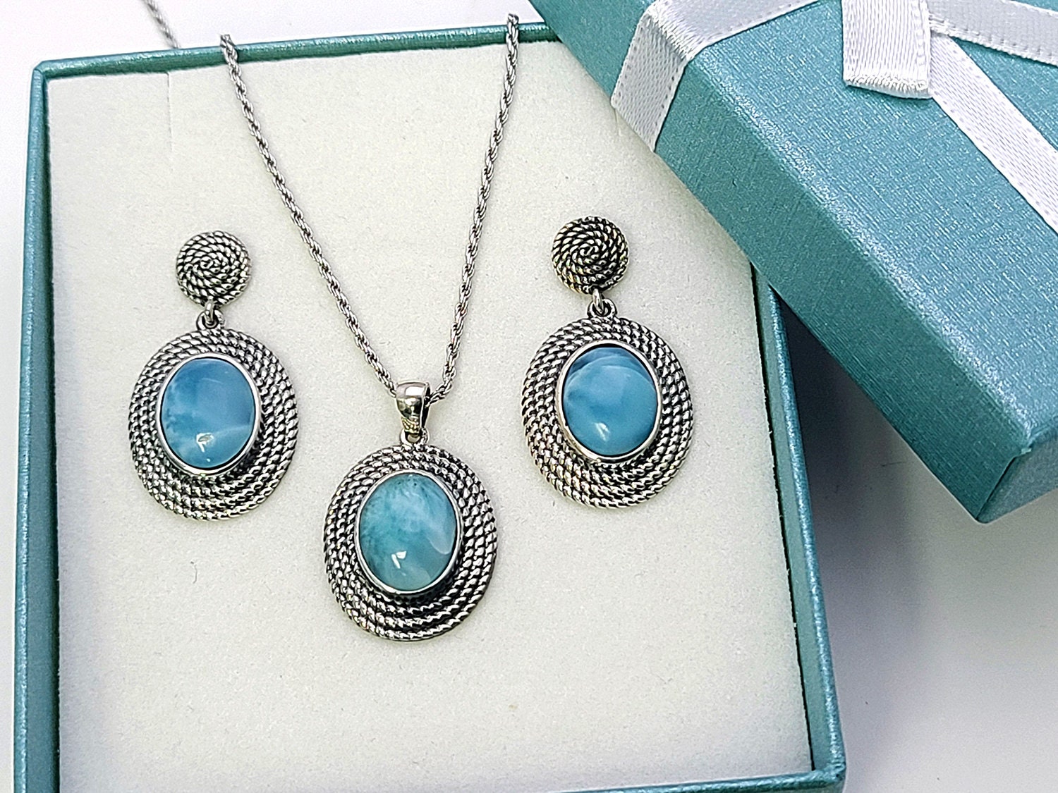 Larimar AAA Blue Crown Ring and Necklace Set .925 Sterling Silver