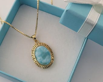 Stunning Larimar Greek Key Necklace 14KT Gold Over .925 Sterling Silver