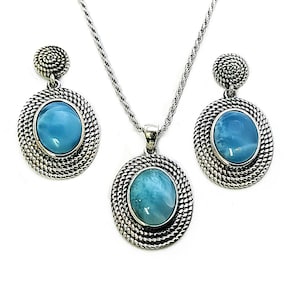 Larimar 8X10mm Oval Coil Dangle Earrings And Necklace Set. .925 Sterling Silver