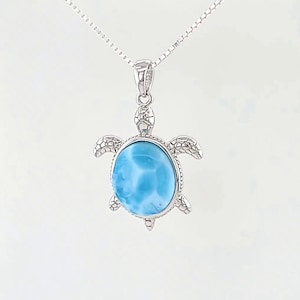 Larimar Turtle Back 12X10mm Punta Cana Sea Turtle Necklace AAA Blue Larimar Sterling Silver 1002 image 1