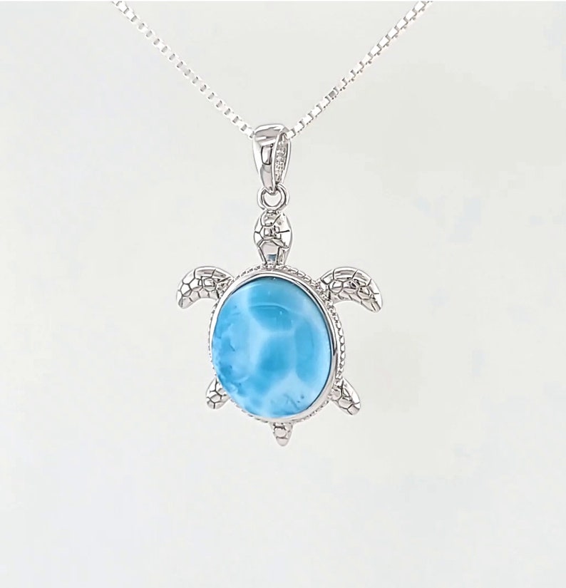 Larimar Turtle Back 12X10mm Punta Cana Sea Turtle Necklace AAA Blue Larimar Sterling Silver 1002 image 1