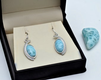 Larimar Natural 15X19mm Marquise Earrings w White Sapphire Accents .925 Sterling Silver