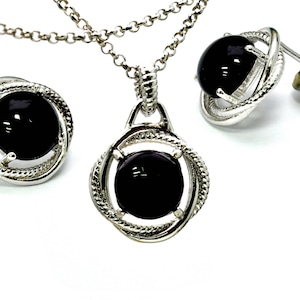 Black Onyx Infinity Earrings Necklace Set .925 Sterling Silver