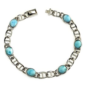 Larimar Six 8X6mm Mariner Link Bracelet, 12.2 Grams  .925 Sterling Silver