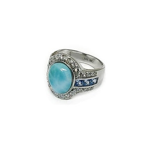 Larimar 12X10mm And Aqua Combo Accents Solid .925 Sterling Silver Ring