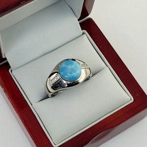 Larimar Men’s Ring. AAA 10mm Oval With White Sapphire accents  .925 Sterling Silver
