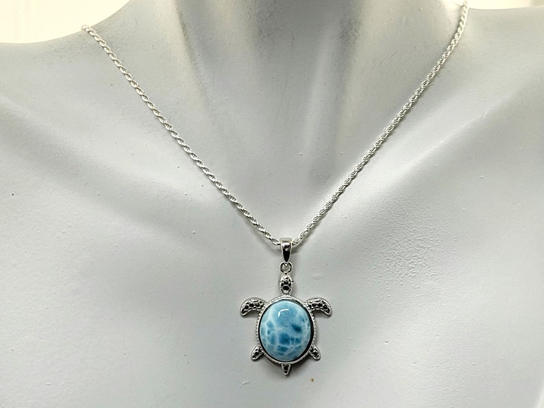 Larimar Turtle Back 12X10mm Punta Cana Sea Turtle Necklace AAA Blue Larimar Sterling Silver 1002 image 2