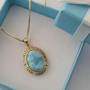Stunning Larimar Greek Key Necklace 14KT Gold Over .925 Sterling Silver