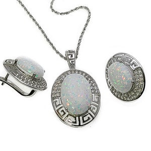 Stunning White Opal Greek Key Earrings Necklace Set  .925 Sterling Silver