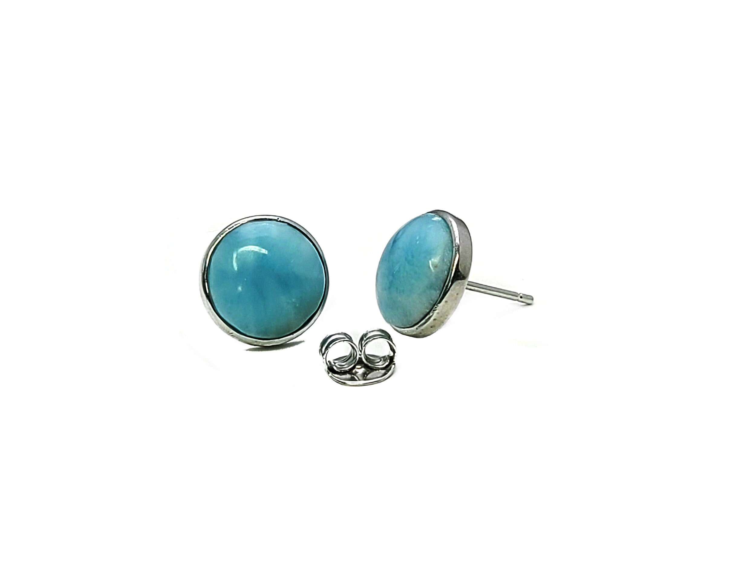 ラリマー10mm Larimar Natural 10mm Stud Earrings .925 Sterling Silver Bezel Set