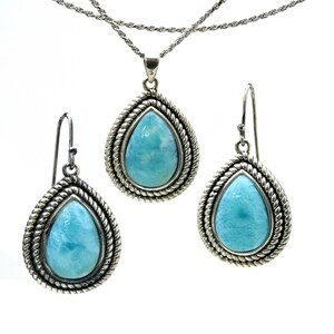 Larimar Birne geformt Ohrringe und Anhänger Set.925 Sterling Silber