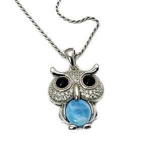 Larimar OWL Necklace With White Sapphire Accents And Black Onyx Eyes .925 Sterling Silver  (New Style)