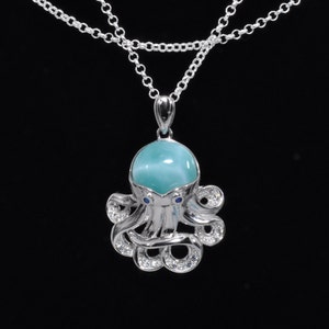 Larimar Octopus Pendant/Necklace with Tanzanite Eyes .925 Sterling Silver