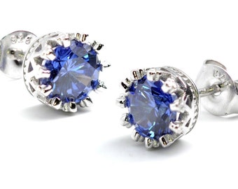 Tanzanite 7mm (1ct each) Crown Stud Earrings .925 STERLING SILVER