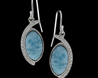 Larimar 8X14 Marquise Shaped with White Sapphire Accents Earrings .925 Sterling Silver