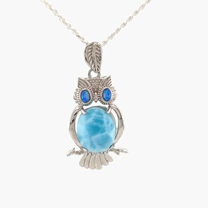 Larimar Eulen Halskette Mit Weißen Saphir Akzenten Und Blauen Opal Augen .925 Sterling Silber