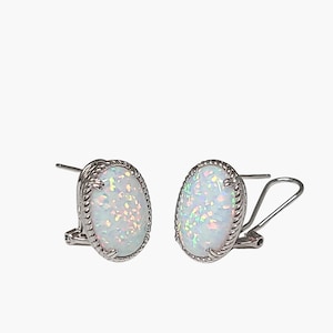 White Opal,14X10mm French Omega Clip Earrings .925 Sterling Silver