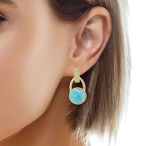 Larimar 10 mm z akcentami z białego szafiru, 14-karatowe złoto na srebrze próby 925