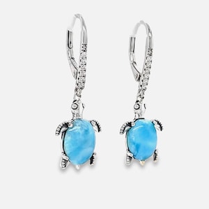 Larimar 8X10mm Punta Cana Sea Turtle Earrings  .925 Sterling Silver (Leverback)