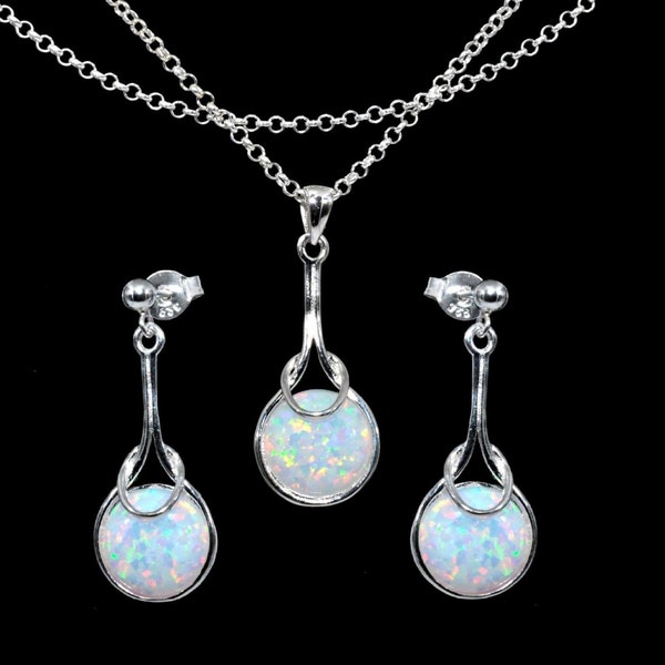 Stunning White Opal Necklace and Earring Set. 10mm Cabochon .925 Sterling Silver