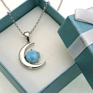 Larimar 8mm Half Moon Pendant/Necklace High Polished  .925 Sterling Silver