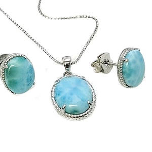Larimar Natural Classic Stud Earrings And Necklace Set. .925 Sterling Silver